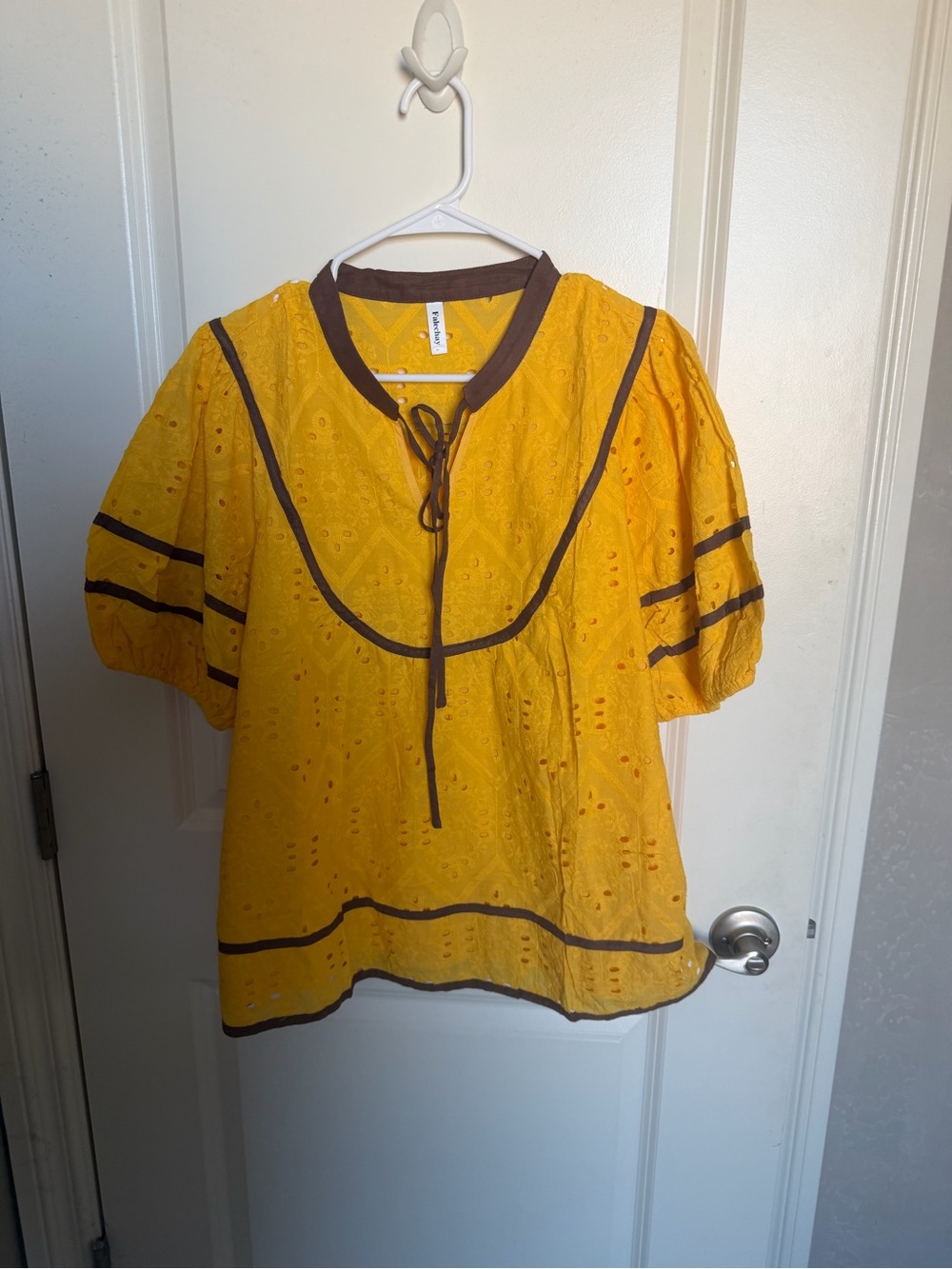 Gold Eyelet Peasant Tunic with Brown Trim